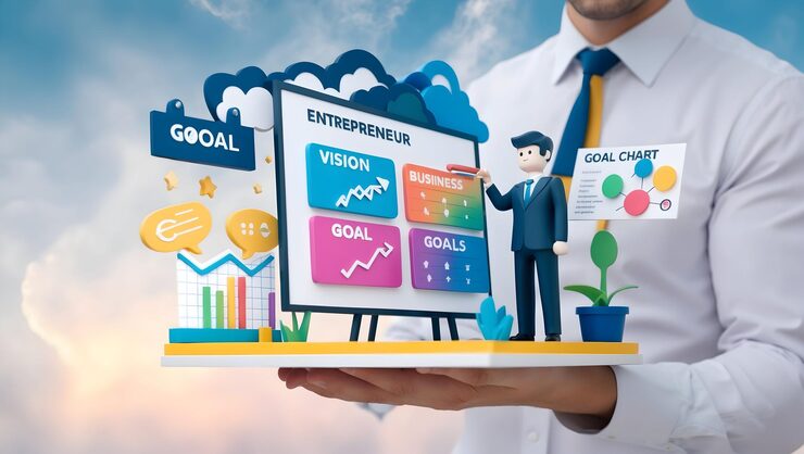 3d flat icon entrepreneur with vision board laptop strategic planning business strategy 980716 365614